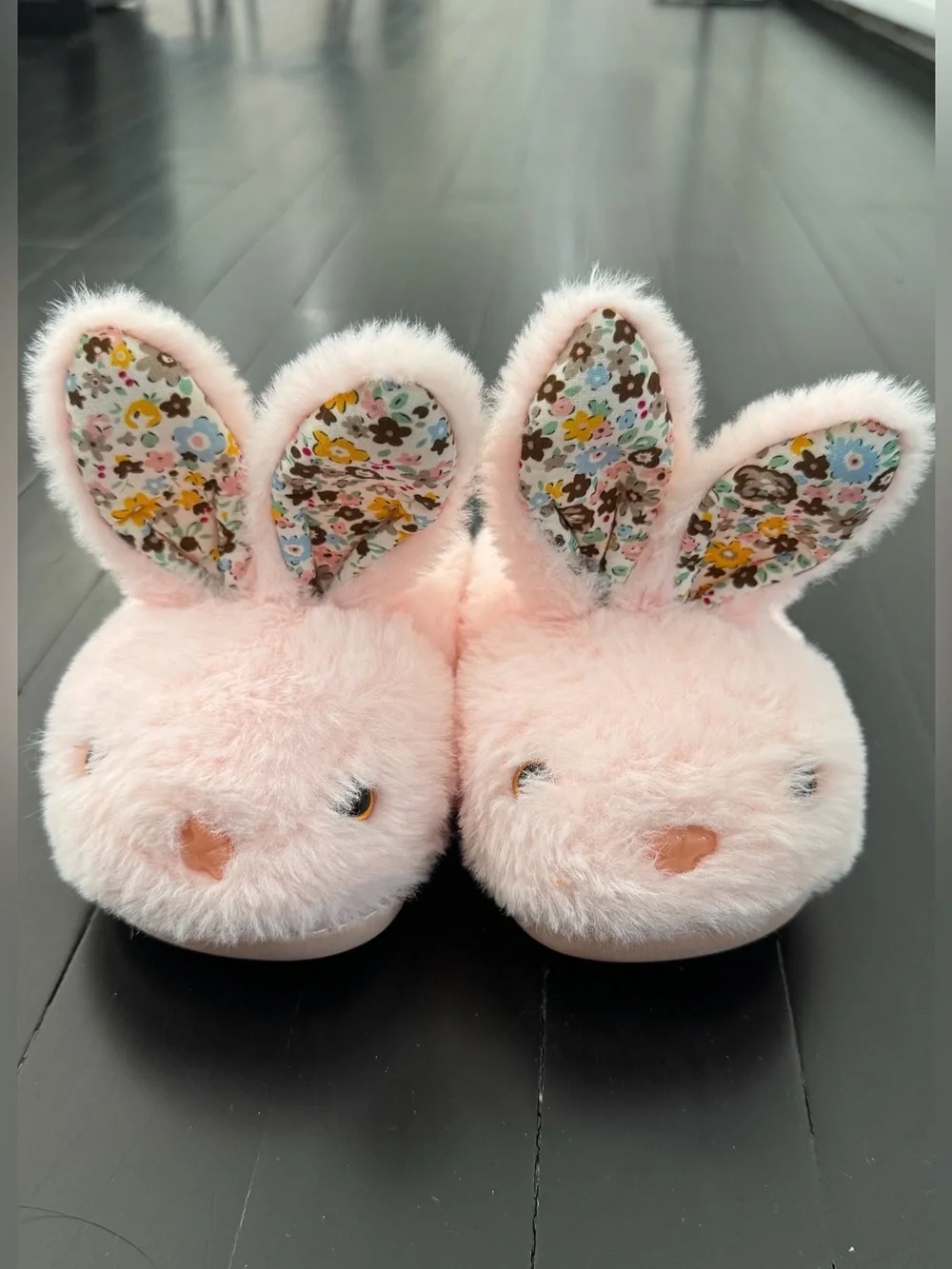 Pink Bunny Ear Plush Slippers with Floral Lining